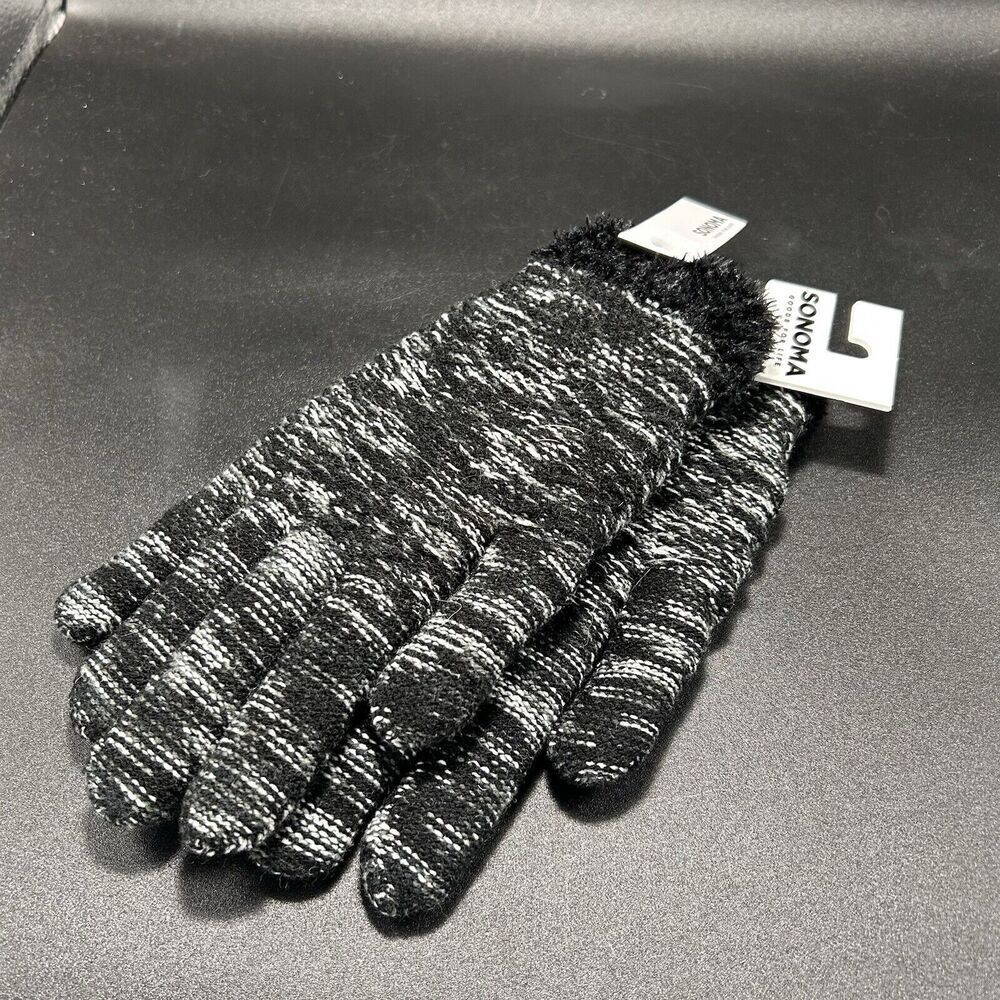 New Sonoma Gloves Women's One Size Black White Marled Diamond Knit Cozey